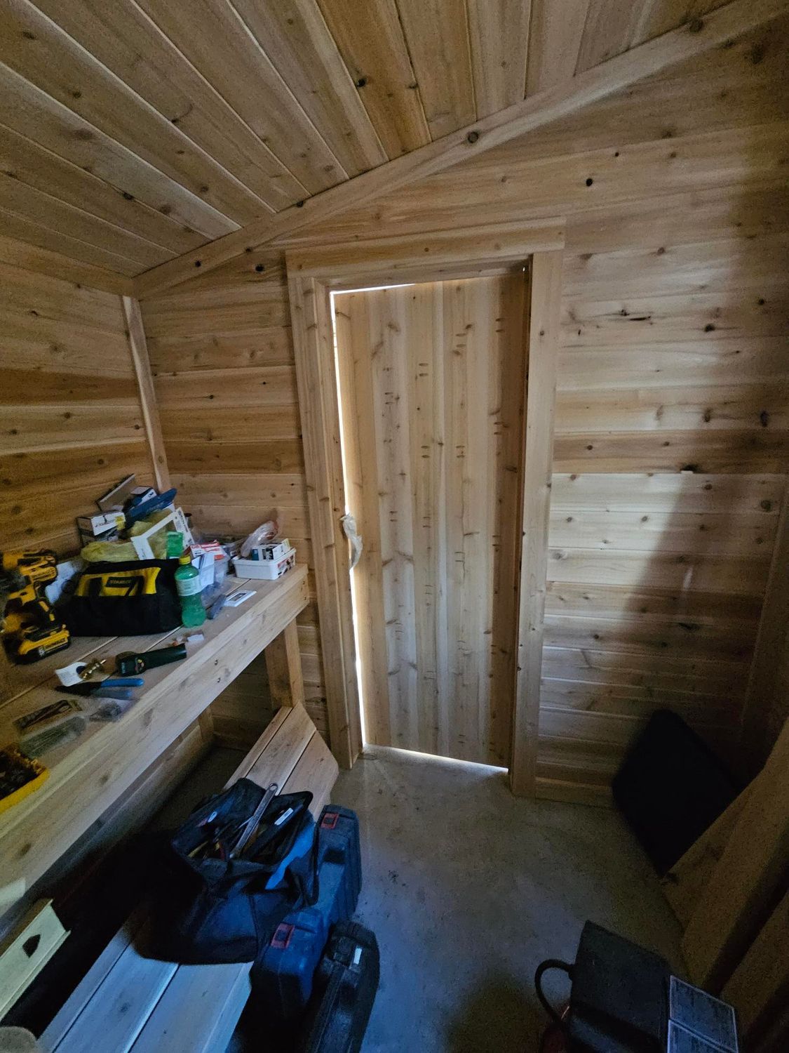 Small wooden shed interior with shelves, tools, and a closed door.