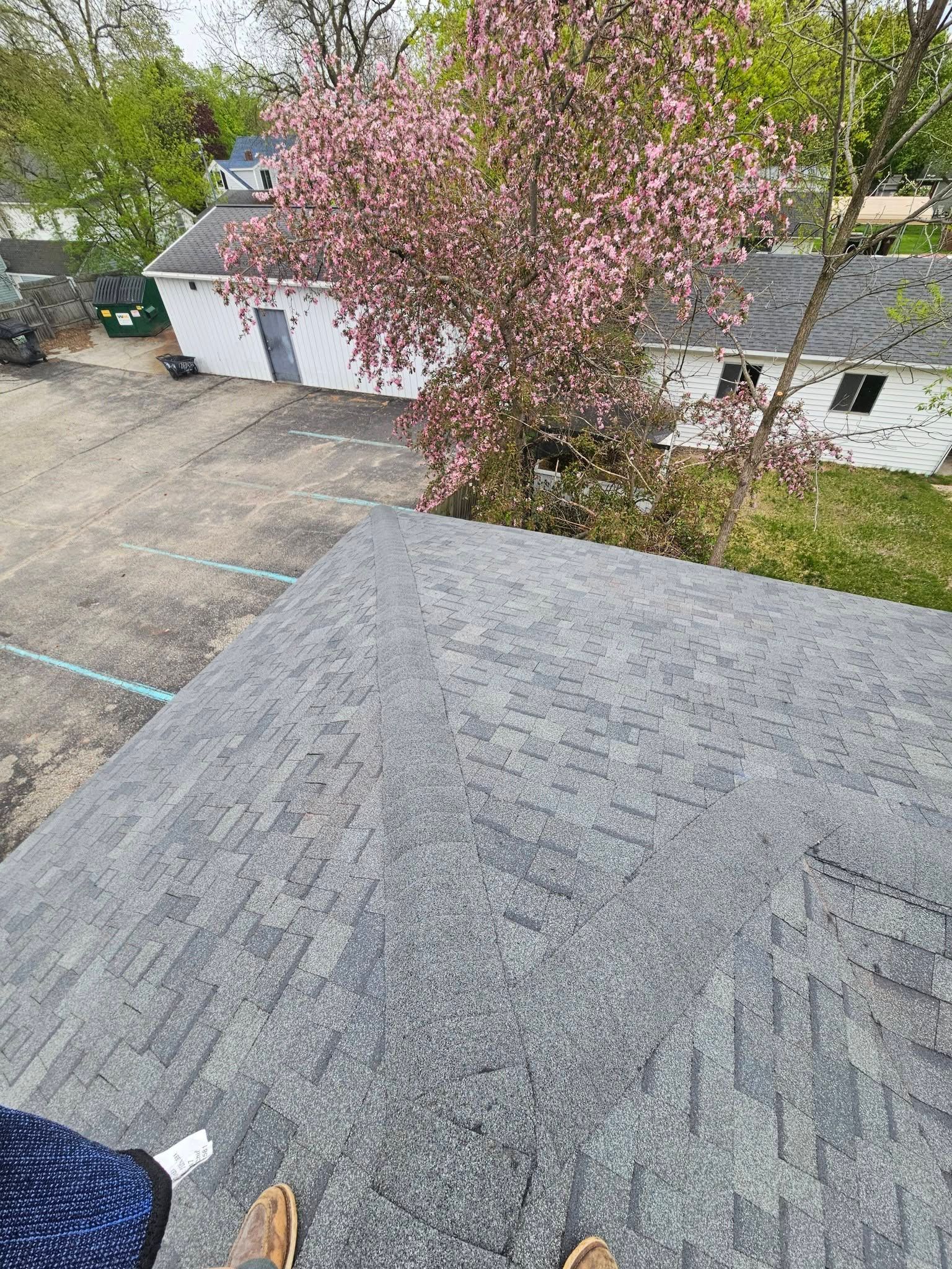 Steep gray shingled roof overlooking a driveway and pink flowering tree by a garage