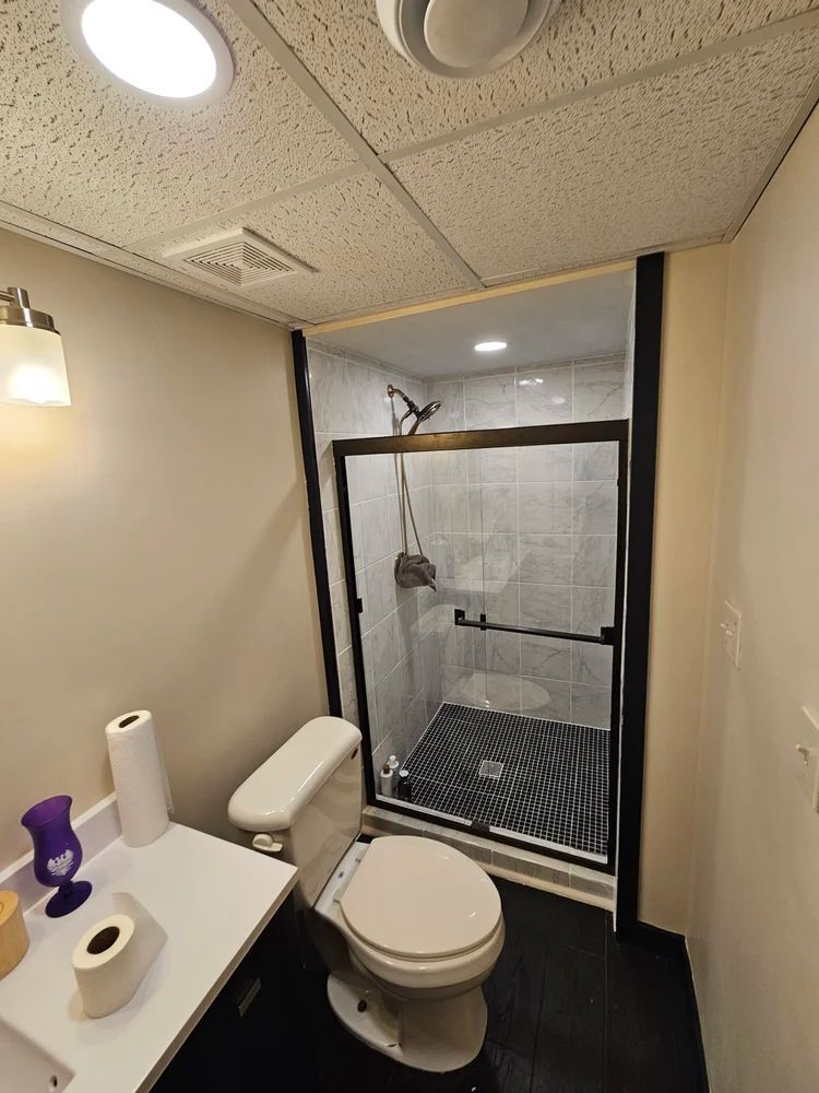 Small accessible bathroom with toilet, sink, and roll-in shower behind glass door.