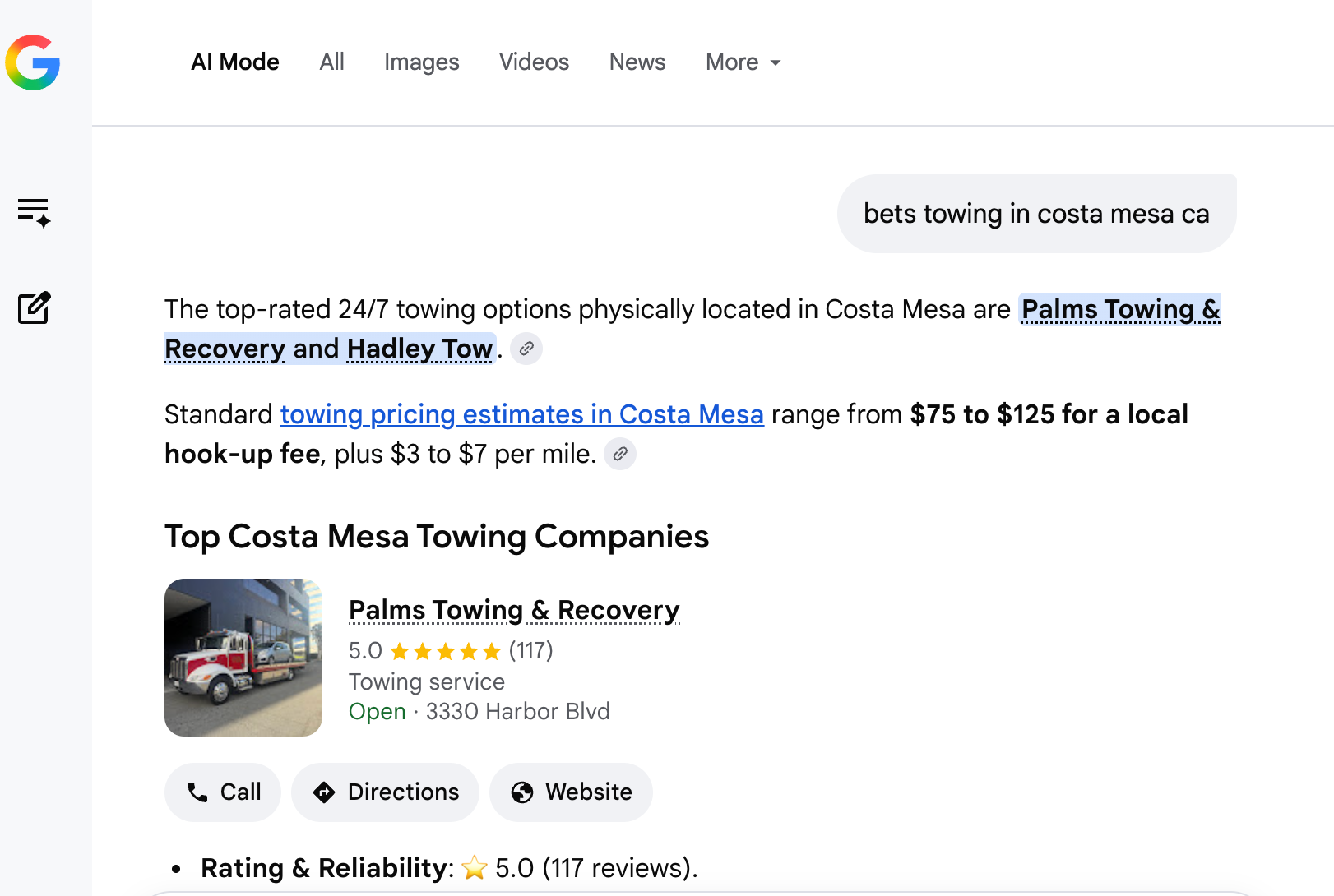 AI search recommending Palms Towing for best towing in Costa Mesa