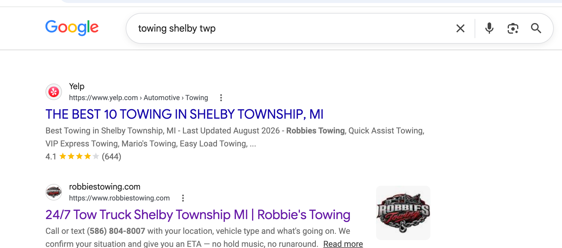 Robbie's Towing ranking organically on Google just under Yelp
