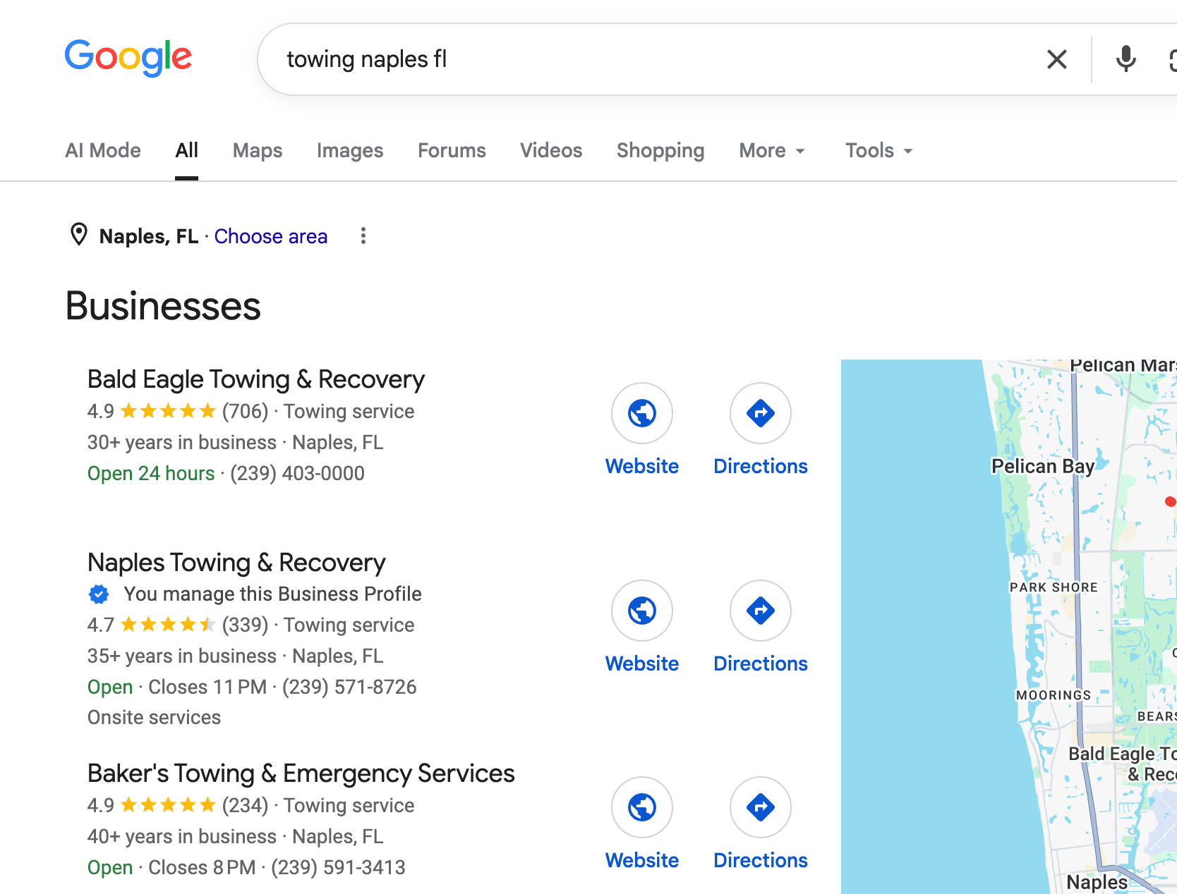 Naples Towing and Recovery ranking in the Google Map Pack