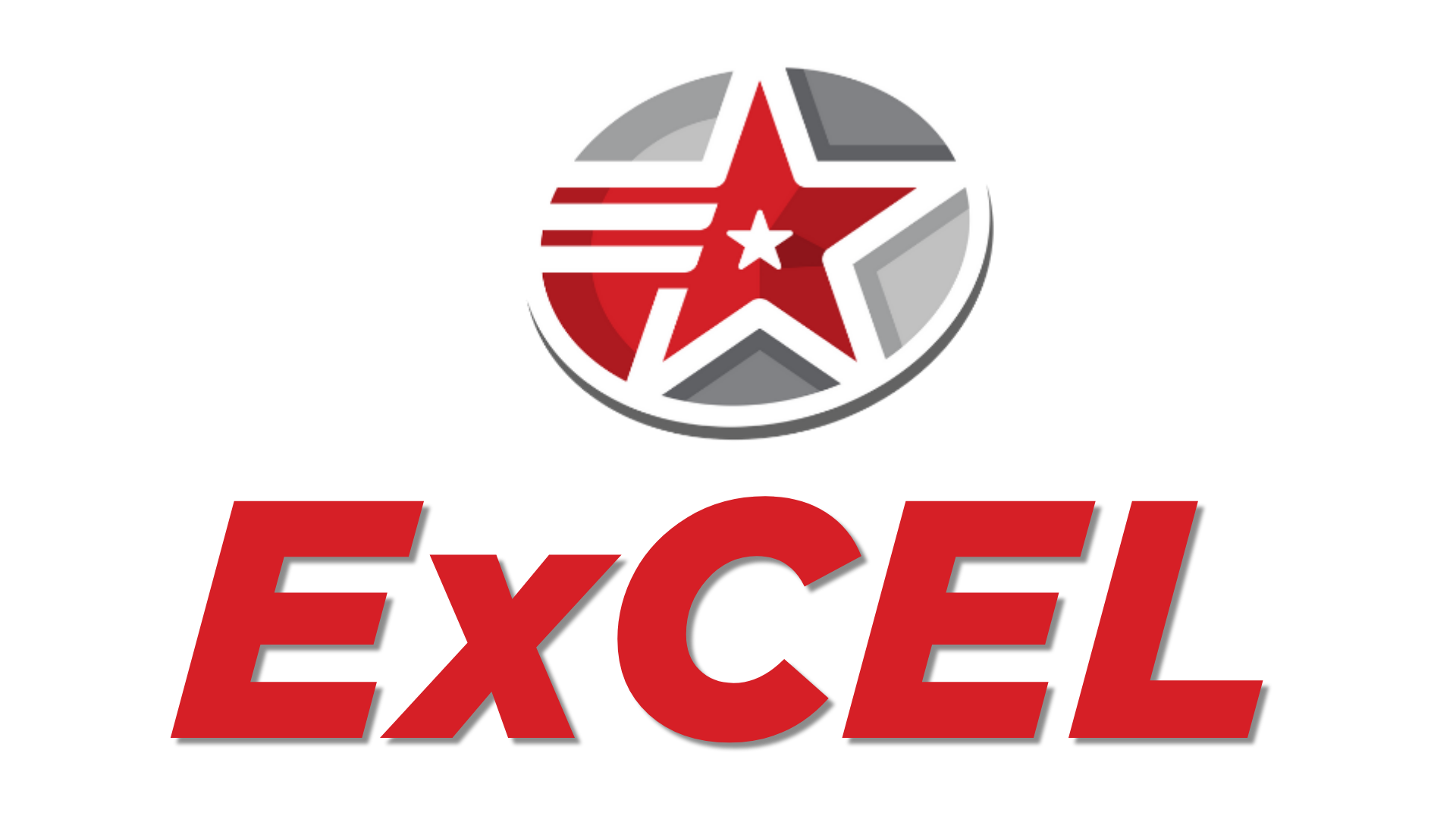EXCEL logo with a red star in a gray circle above bold red text on a white background