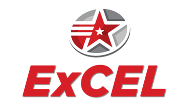EXCEL logo with a red star in a gray circle above bold red text on a white background