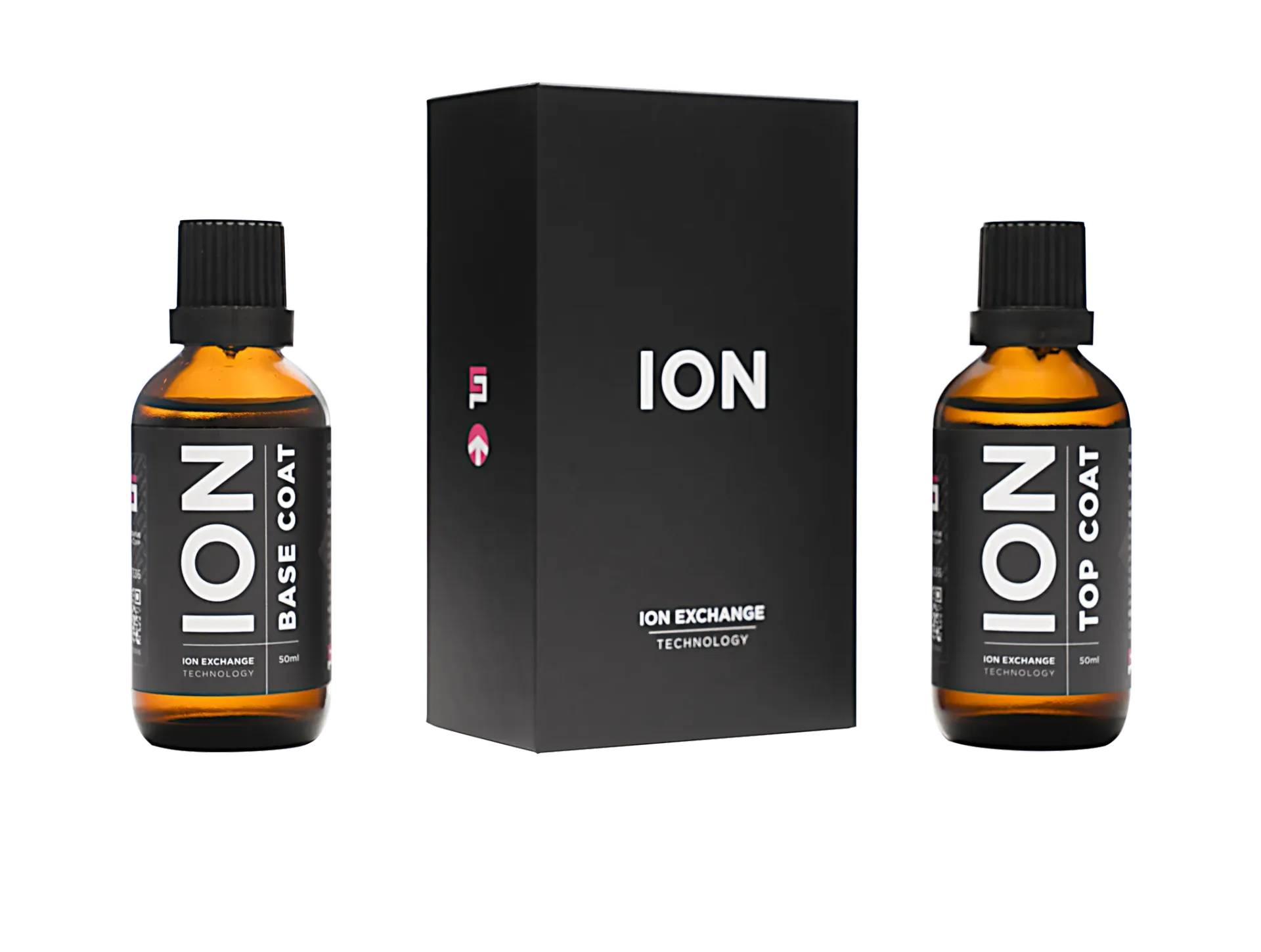Two bottles of ion top coat next to a box.