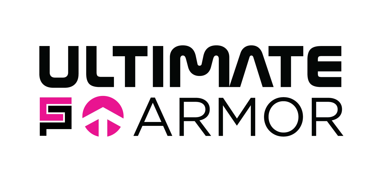 The logo for ultimate armor is black and pink.