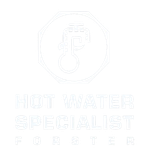 White logo with a thermometer and the words “HOT WATER SPECIALIST FOSTER” — Hot Water Specialist Forster In Forster, NSW