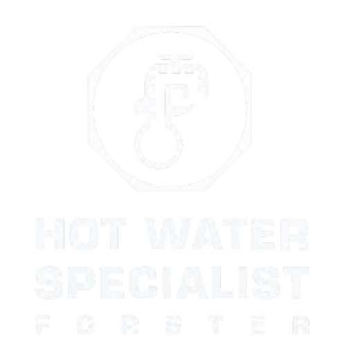 White logo with a thermometer and the words “HOT WATER SPECIALIST FOSTER” — Hot Water Specialist Forster In Forster, NSW