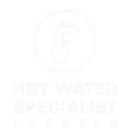 White logo with a thermometer and the words “HOT WATER SPECIALIST FOSTER” — Hot Water Specialist Forster In Forster, NSW