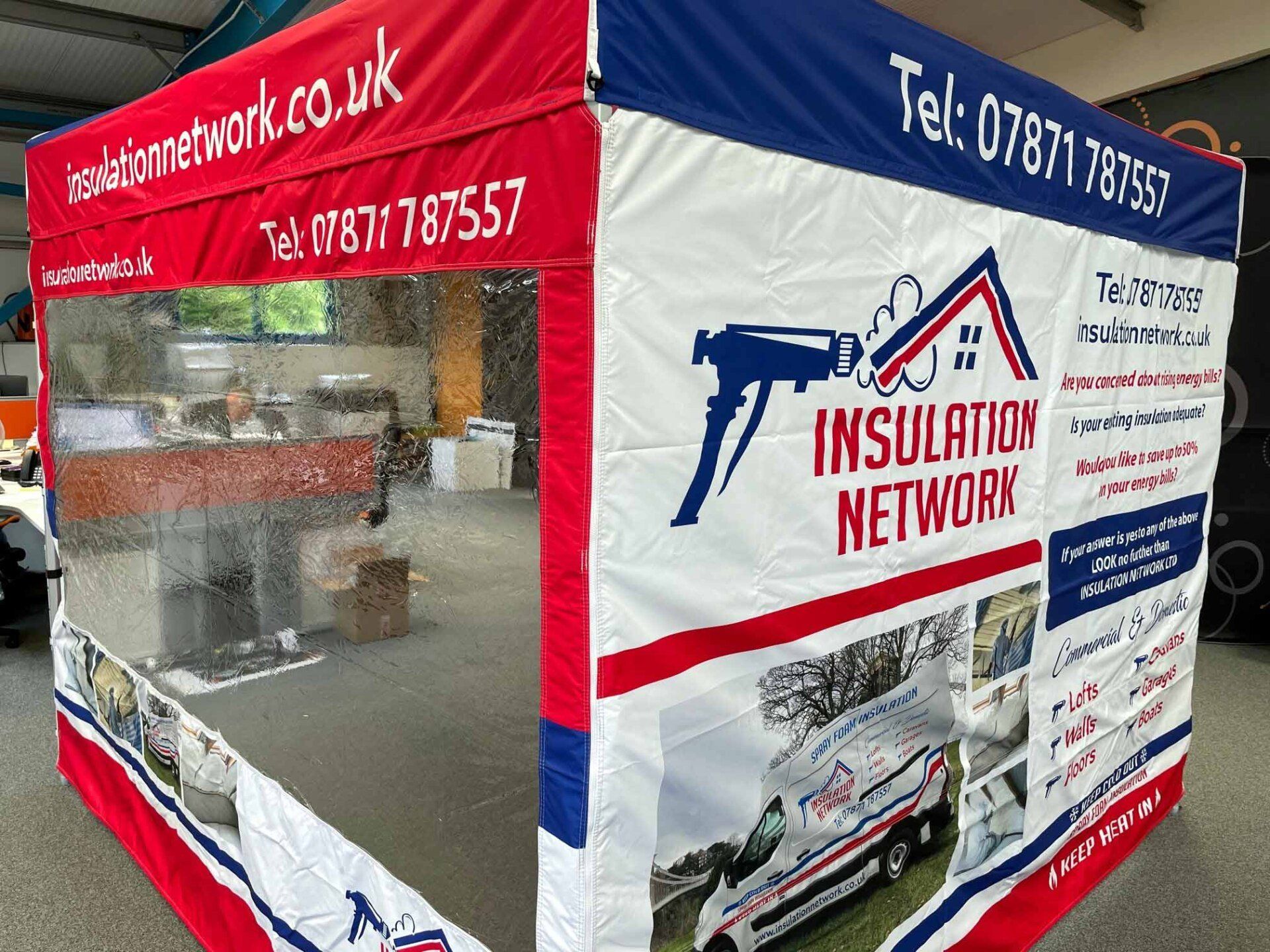 A red , white and blue tent for insulation network