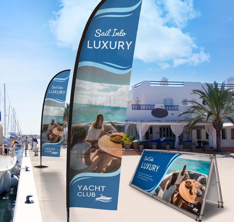 N3 Display Graphics | A sail into luxury yacht club banner is displayed on a dock