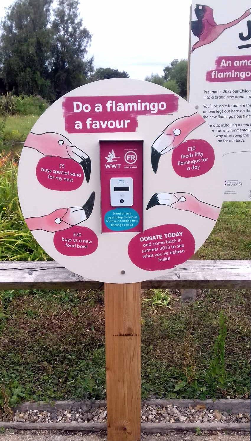 A sign that says do a flamingo a favour is on a wooden post.