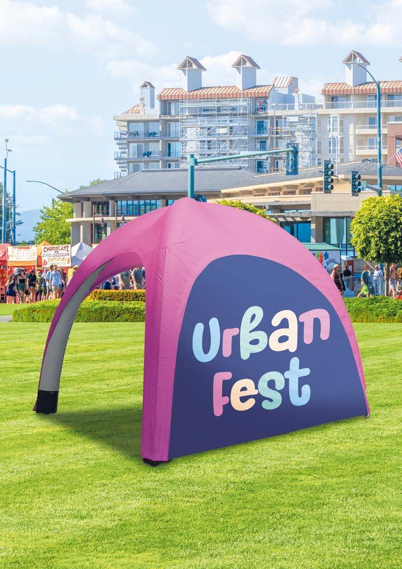 N3 Display Graphics | A pink and purple inflatable tent is sitting on top of a lush green field.