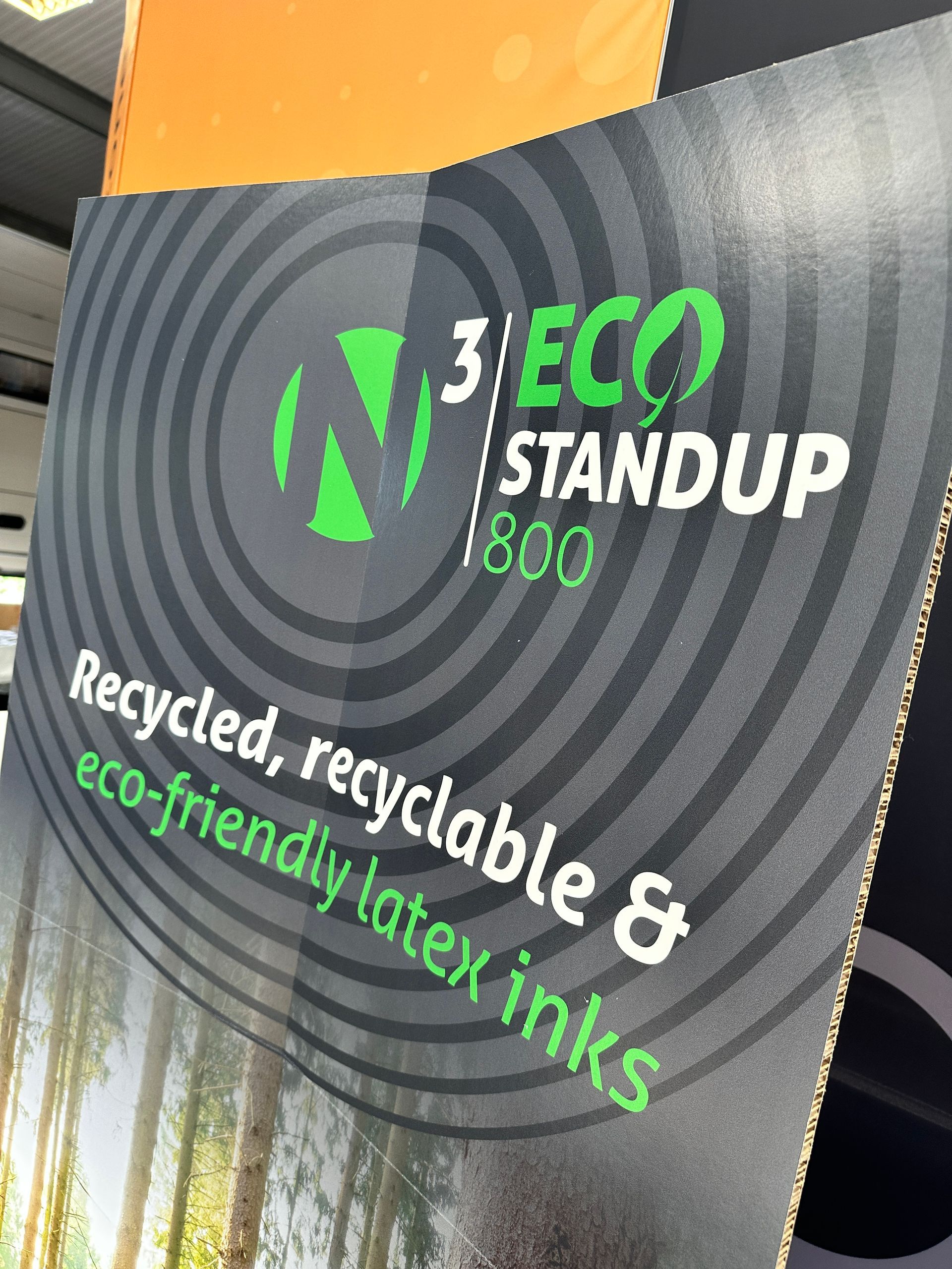 A cardboard box that says 3 eco stand up 800 recycled recyclable and eco-friendly latex inks