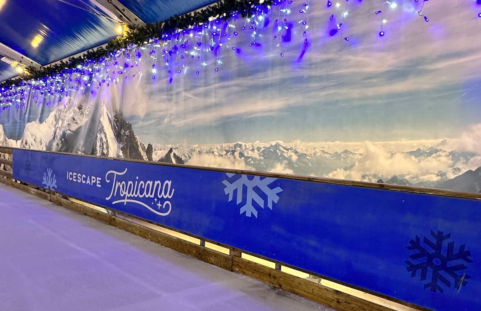 A blue fence with a picture of a snowy mountain on it.