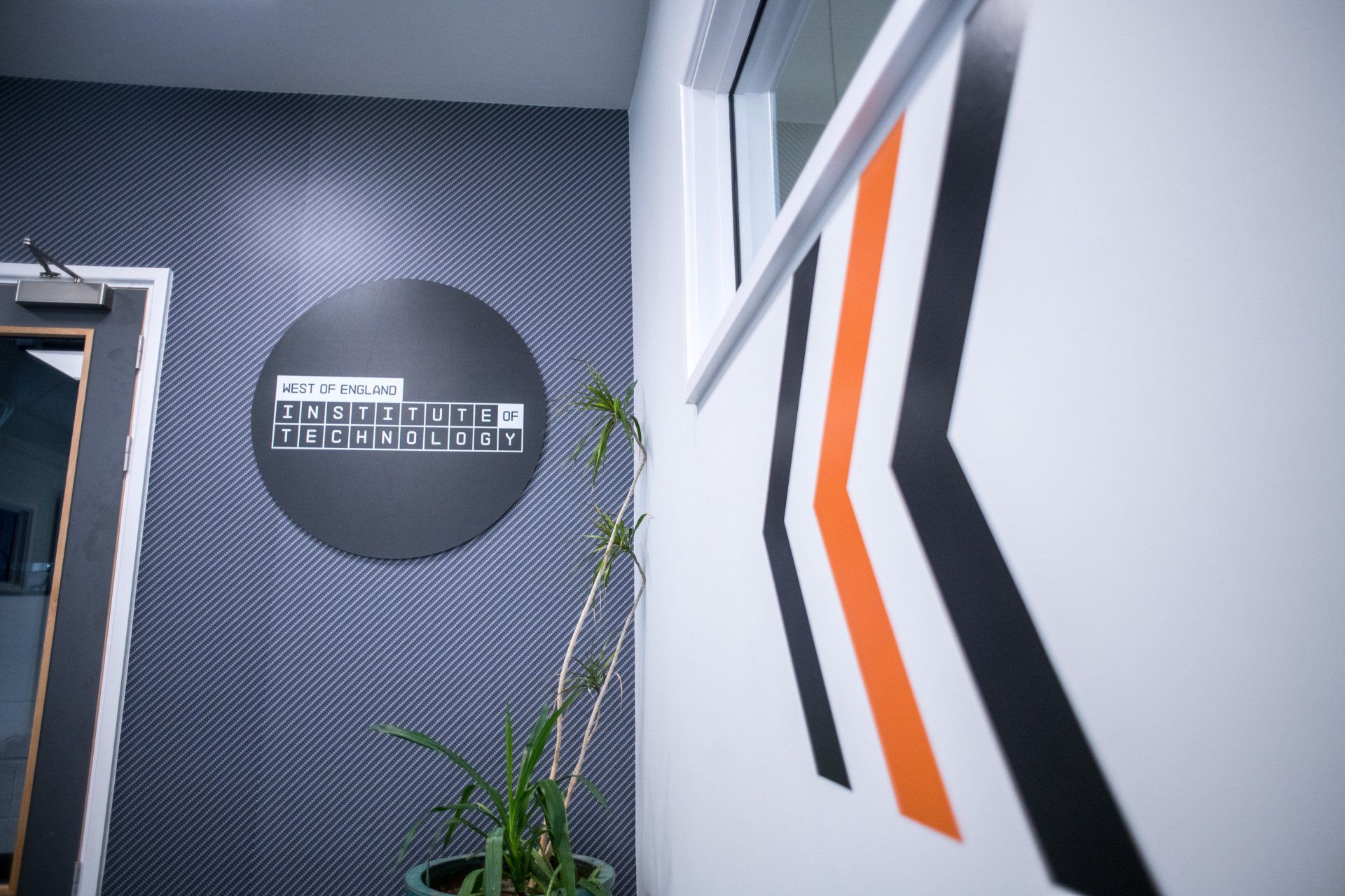 A sign on a wall with a plant in front of it.