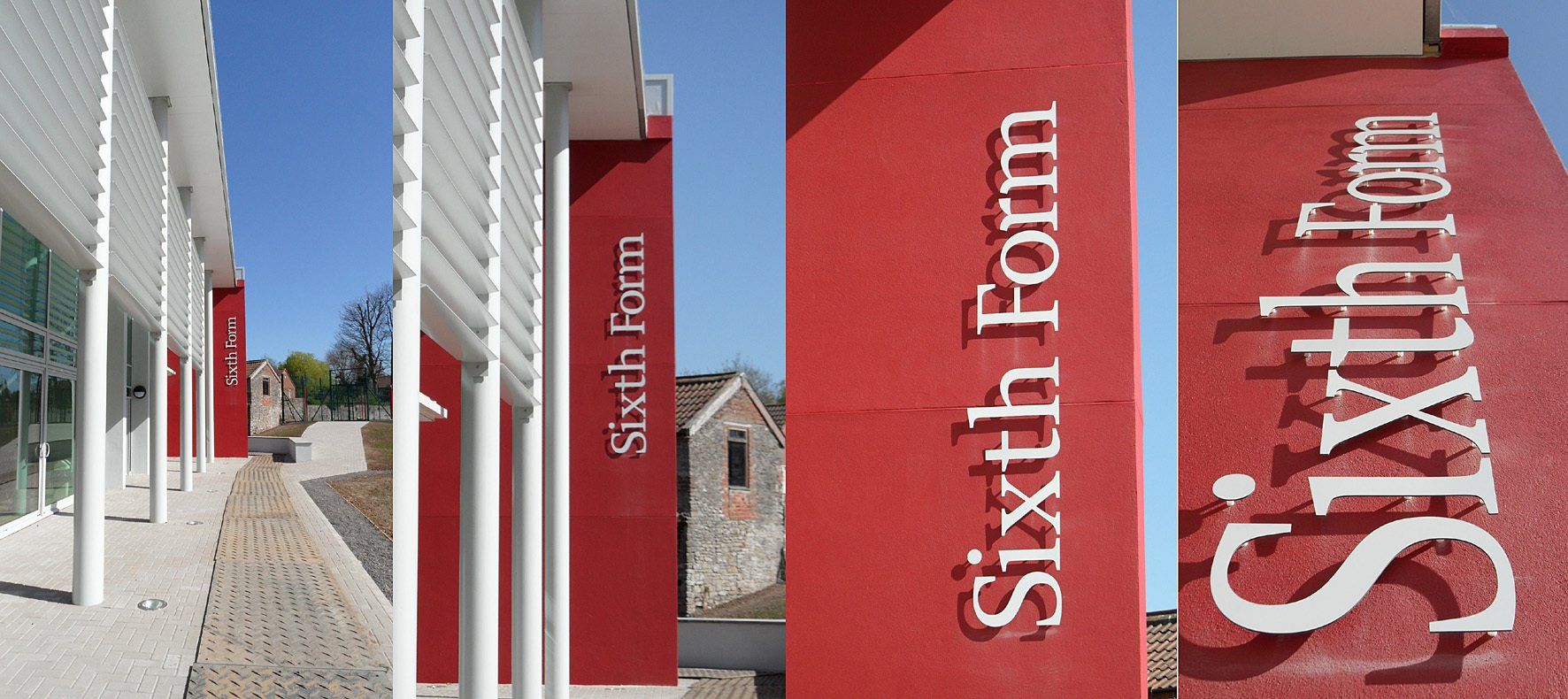 A red sign that says sixth form on it