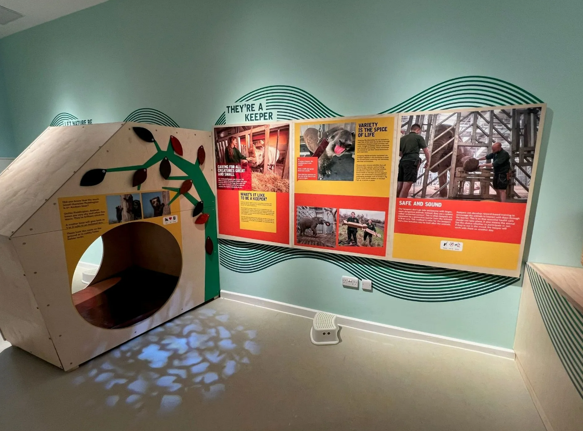 A room with a dog house and pictures on the wall.