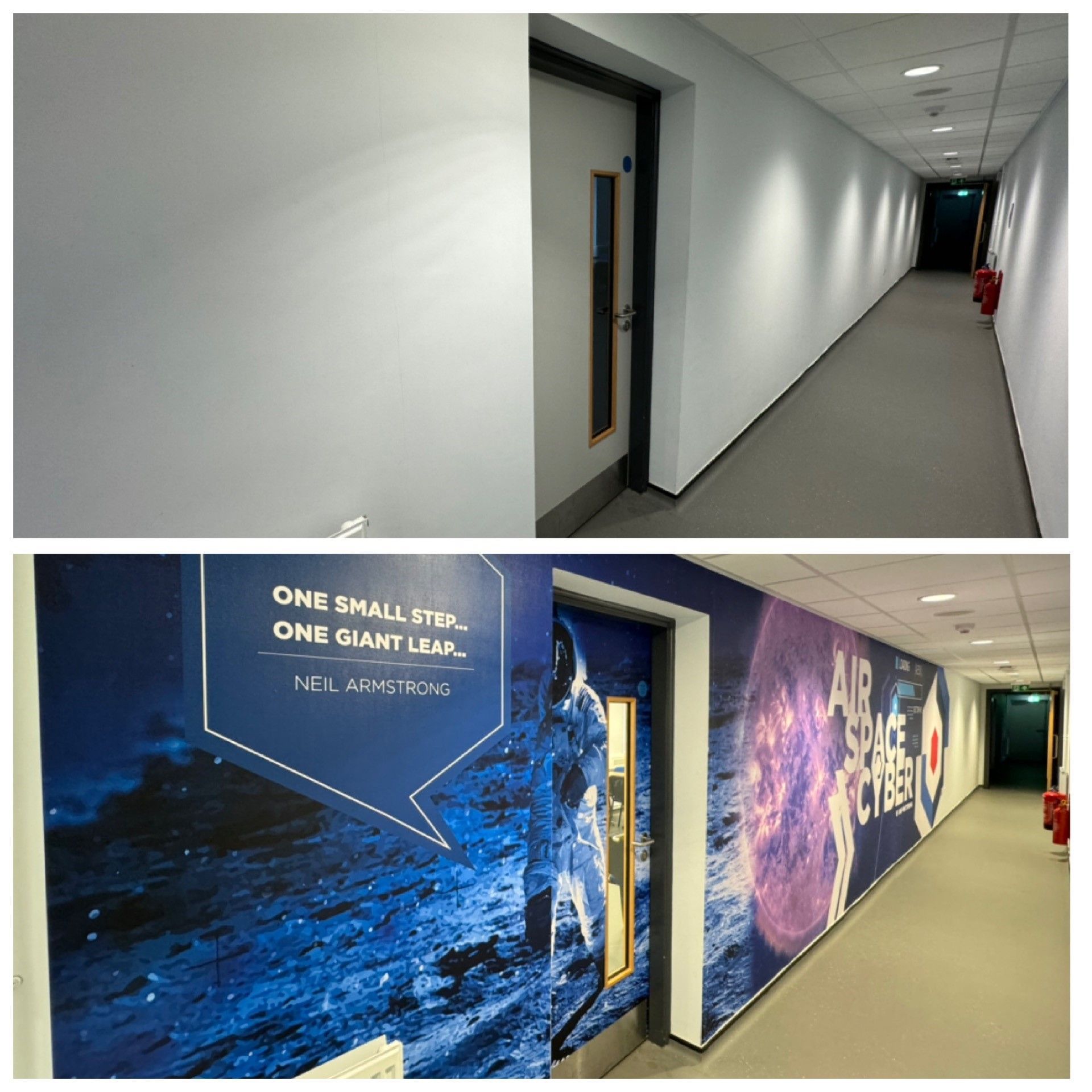 A hallway with a sign that says one small step one giant leap