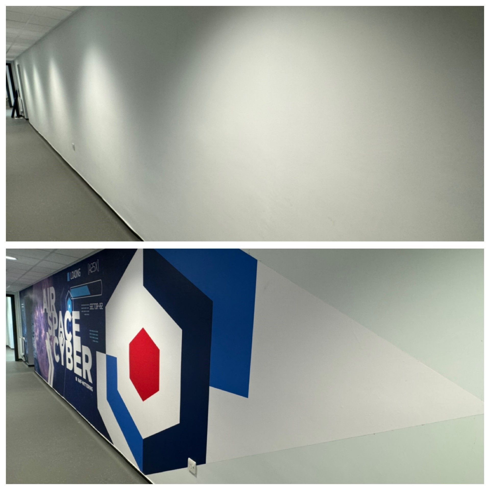 A hallway with a painting on the wall that says peace cyber