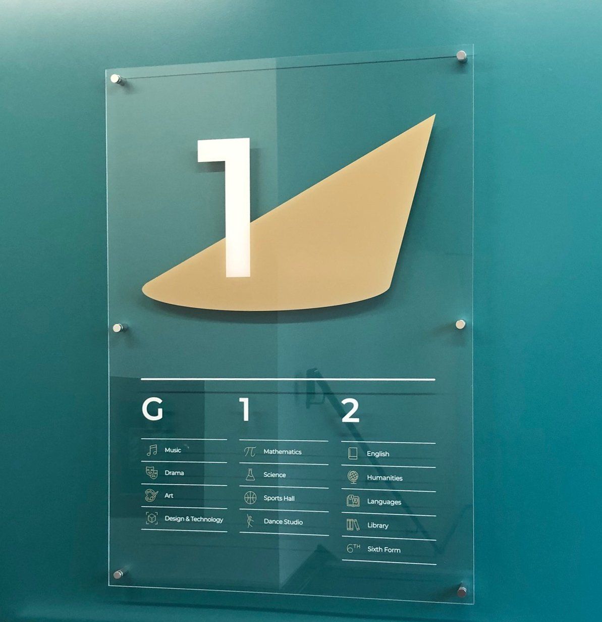 A glass sign with the number 1 on it
