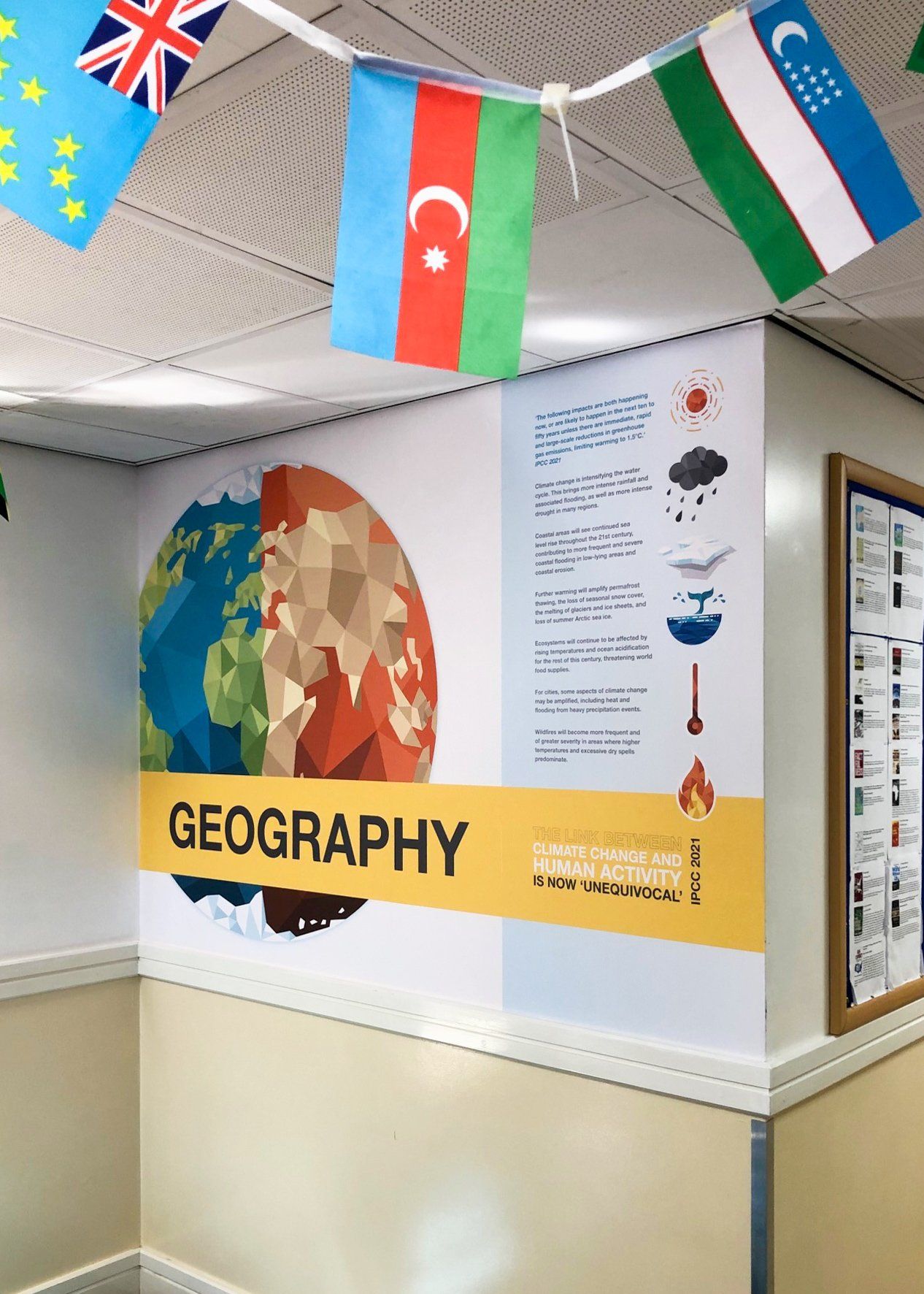 A wall with a poster that says geography on it