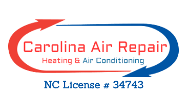 Logo for Carolina Air Repair: Red and blue curved arrows surround company name,