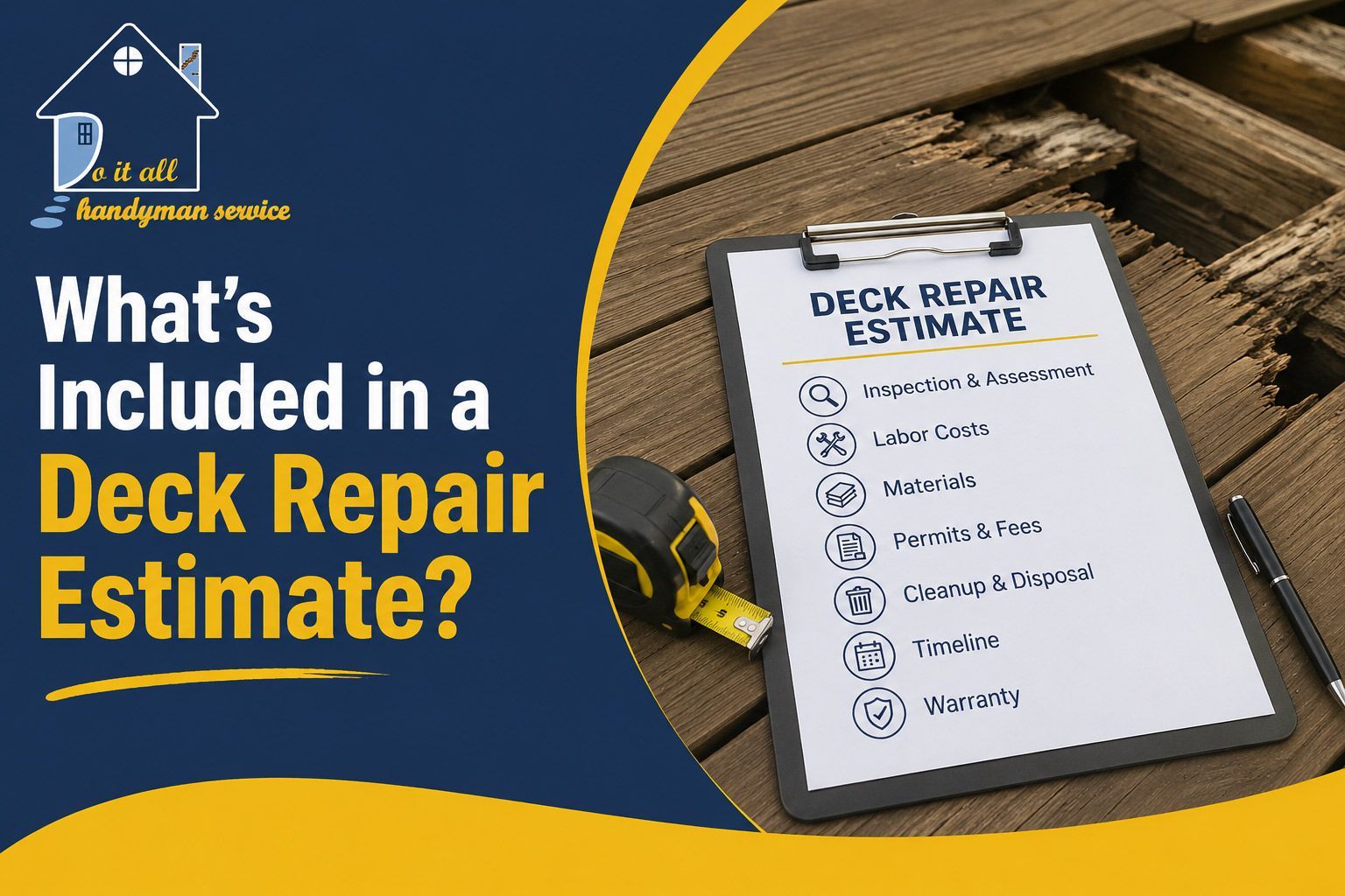 Deck repair estimate clipboard beside tools on a wood deck, with text “What’s Included in a Deck Repair Estimate?”