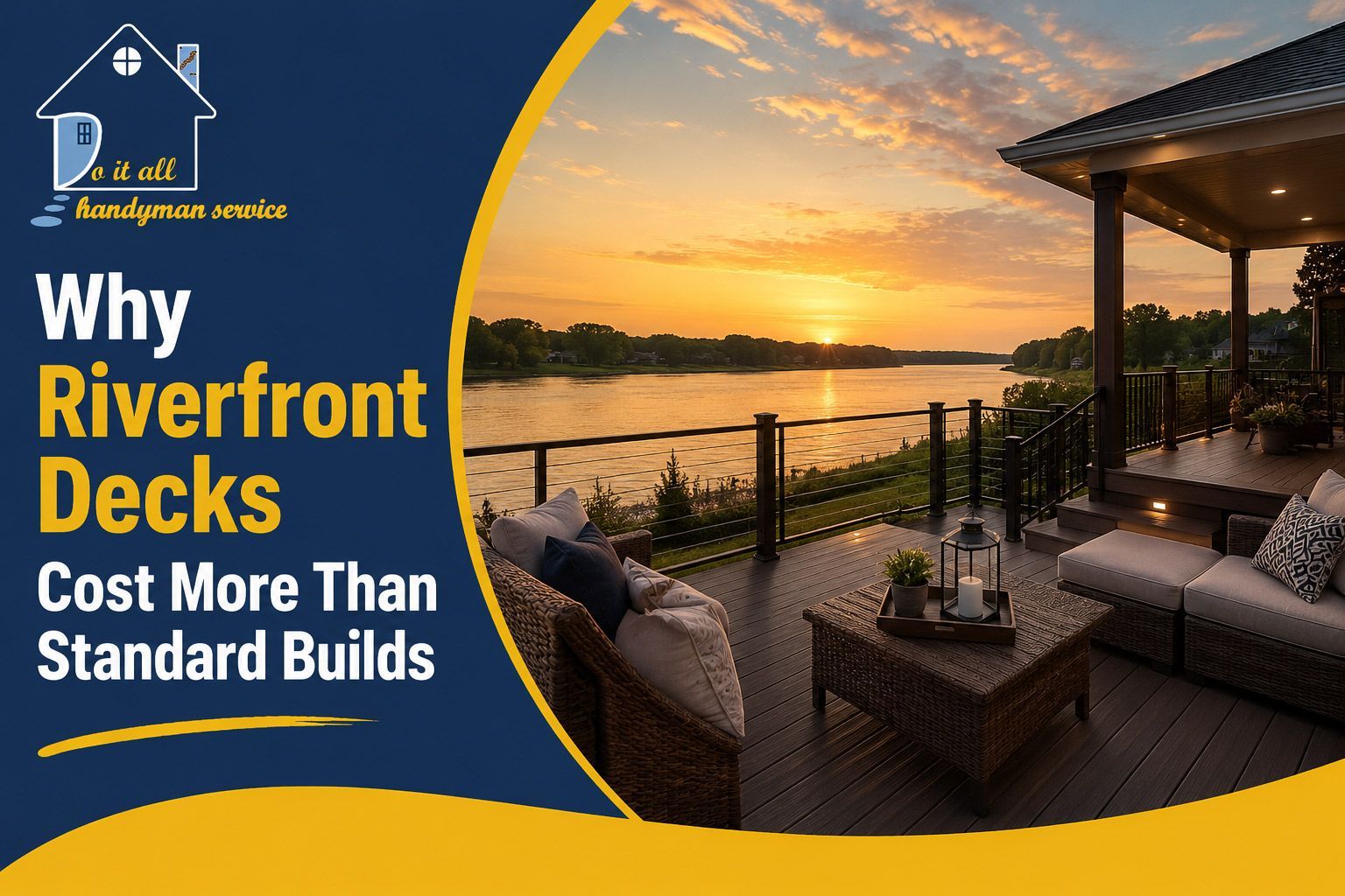 Promotional graphic of a riverfront deck at sunset with text: “Why Riverfront Decks Cost More Than Standard Builds”