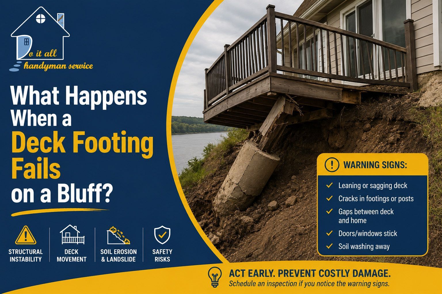 Damaged deck on a bluff with large text asking, “What happens when a deck footing falls on a bluff?”