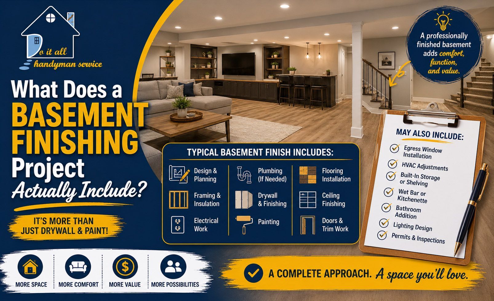 Basement finishing infographic with modern basement interior and text about project options and features