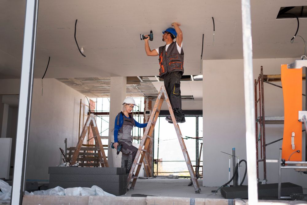 Two construction workers installing fixtures on a ceiling in a building under renovation.