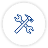 A wrench and hammer are crossed in a circle.