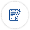 A blue icon of a pen writing on a piece of paper.