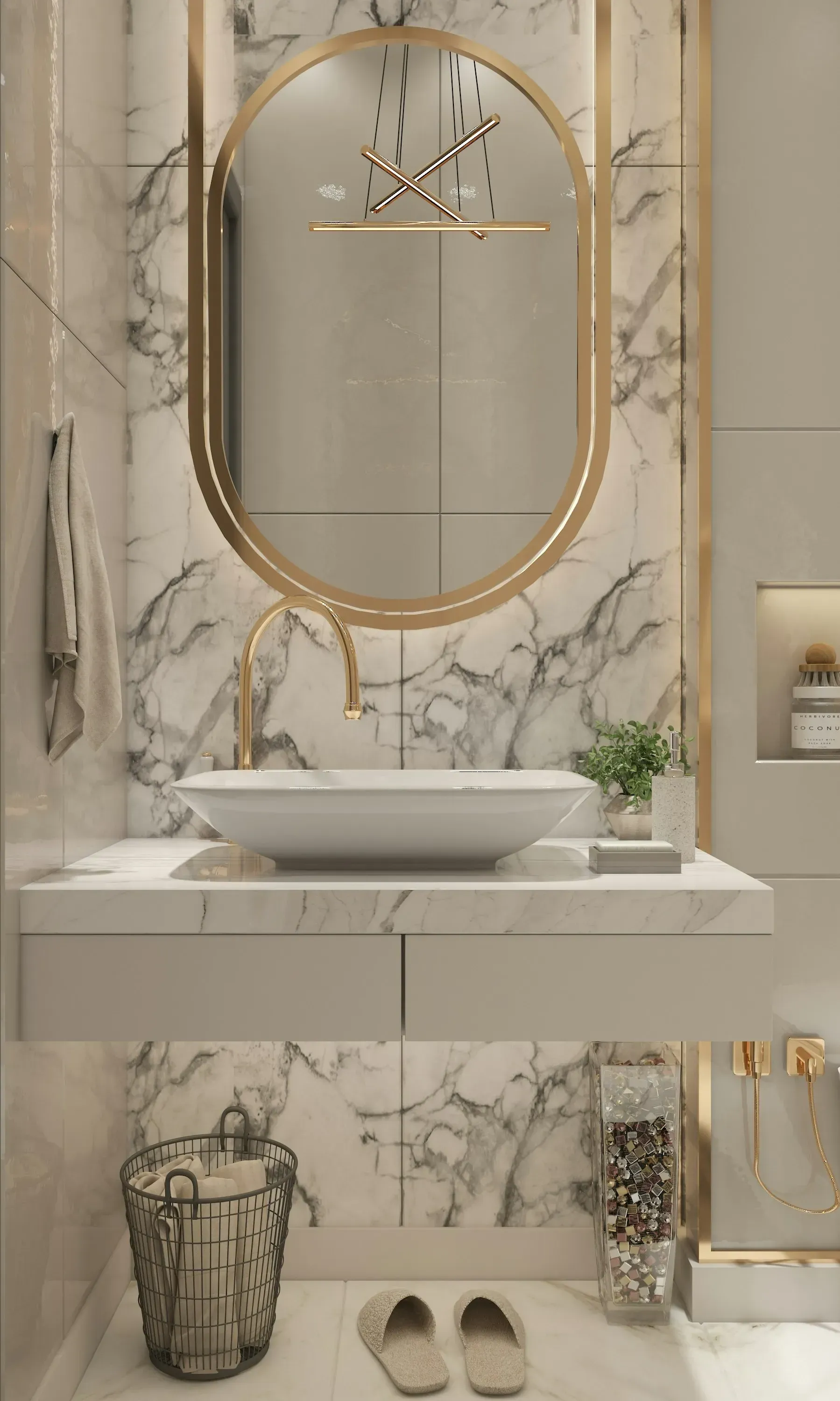 A bathroom with a sink , mirror and marble wall.