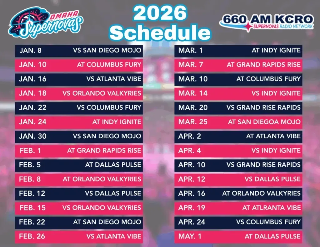 2026 Boston Breakers schedule graphic in blue and red, listing January-May games against various teams.