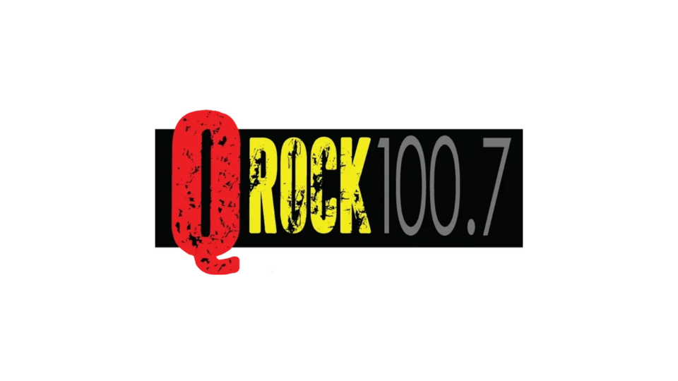 Q Rock 100.7 radio station logo in red, yellow, and gray on a black background