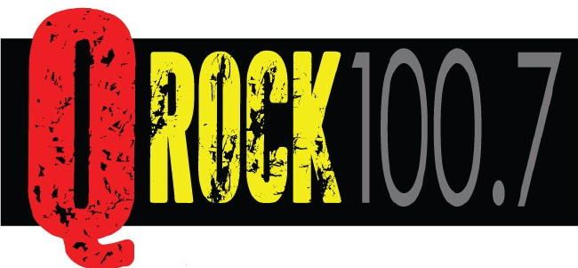 Q Rock 100.7 radio station logo in red, yellow, and gray on a black background