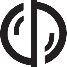 Black-and-white circular logo with a stylized monogram in the center