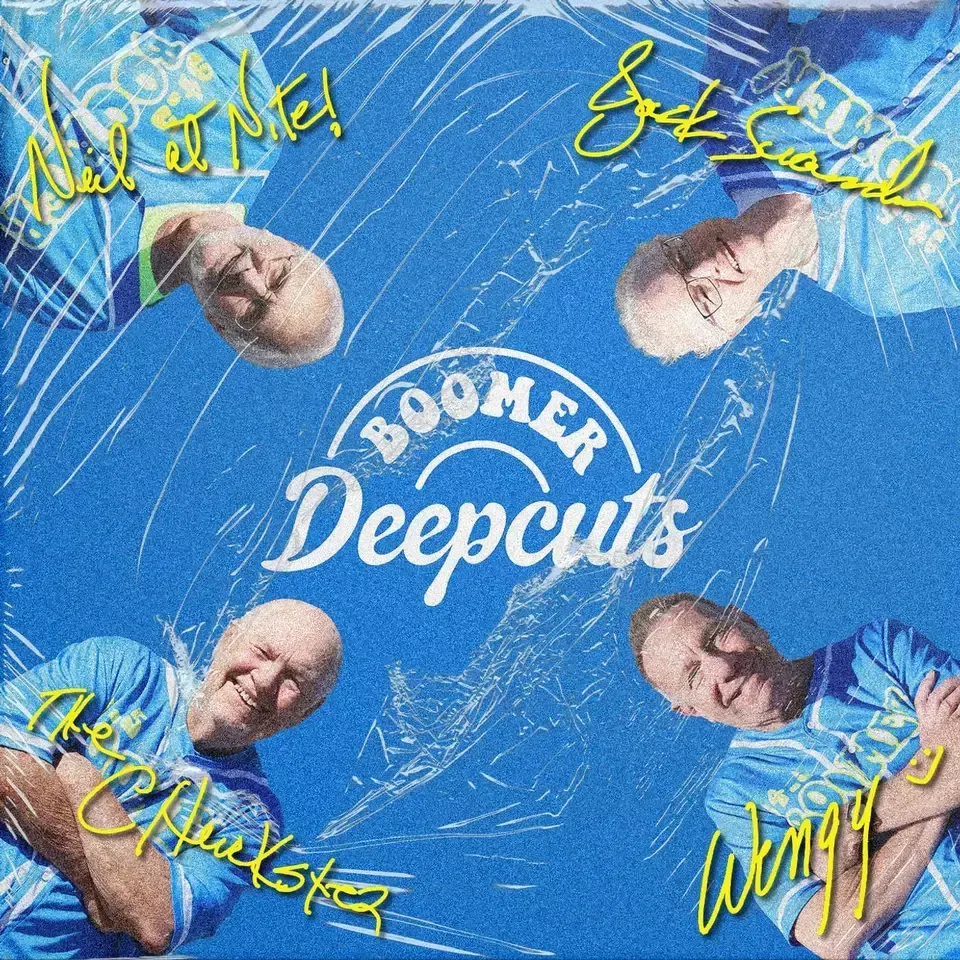 Blue album cover with four cropped faces around the words “Boomer Deepcuts” and yellow handwritten names