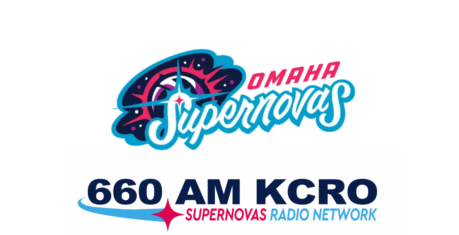 Omaha Supernovas logo with 660 AM KCRO and Supernovas Radio Network branding on white background