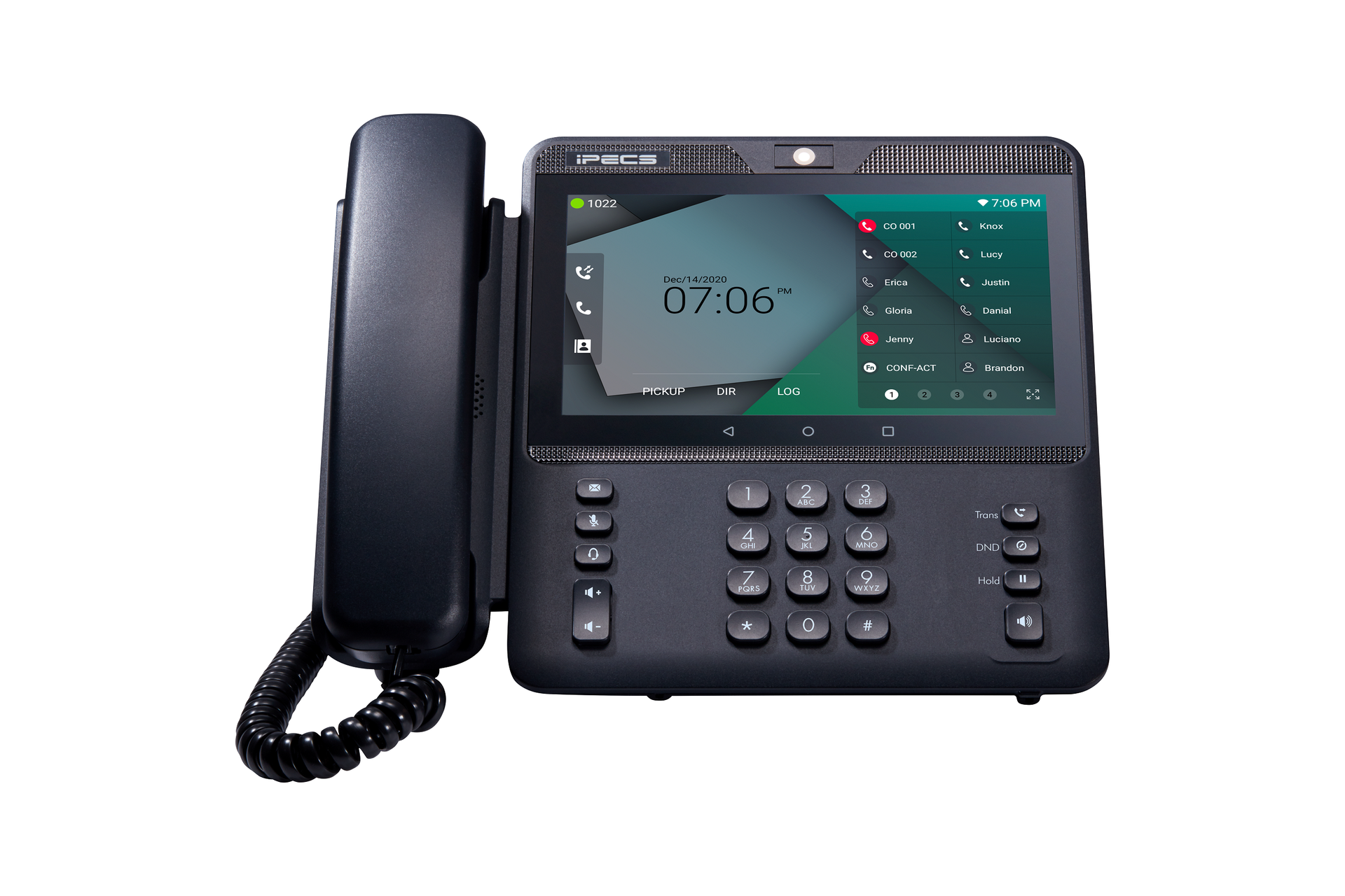 Telefono IP nero con display touchscreen che mostra l'ora e le icone dello stato della chiamata.