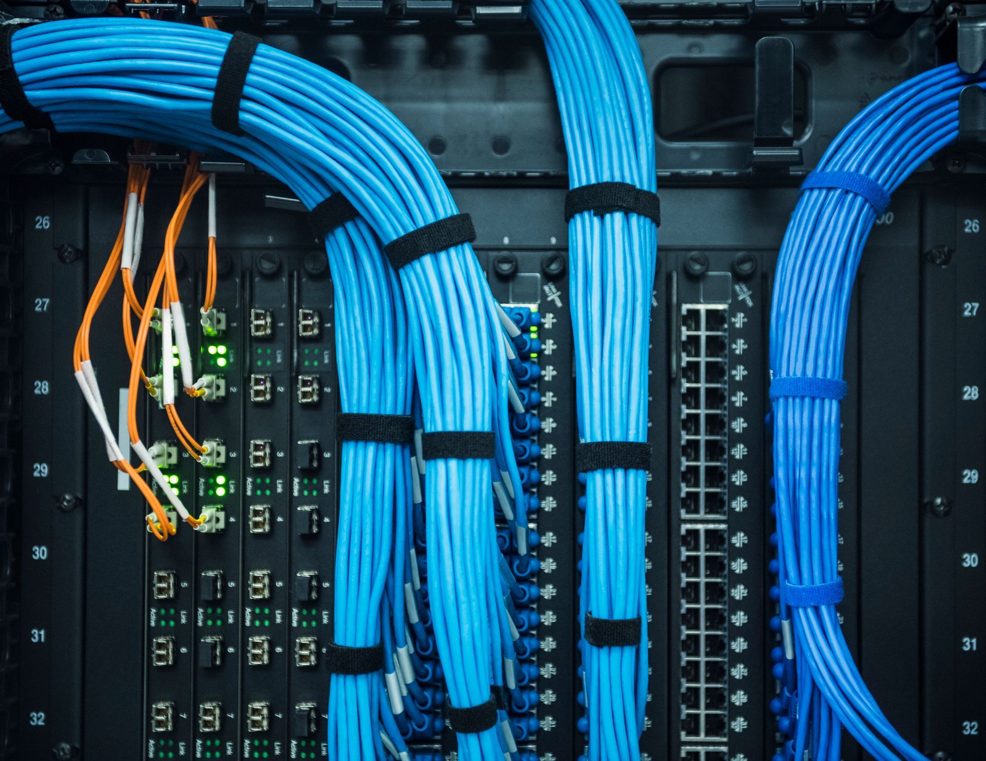 Cavi di rete blu raggruppati e fissati in un rack per server, con alcuni cavi arancioni e bianchi visibili.