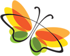 Stylized butterfly illustration with overlapping transparent orange, yellow, and green petals outlined in black.