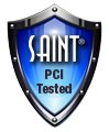 A blue shield with the words `` saint pci tested '' on it.