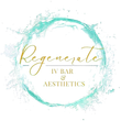Logo for Regenerate IV Bar & Aesthetics. Gold script over water splash circle.