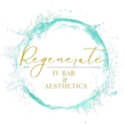 Logo for Regenerate IV Bar & Aesthetics; gold script text over an aqua circle of water.
