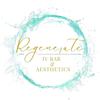 Logo for Regenerate IV Bar & Aesthetics. Gold script over water splash circle.