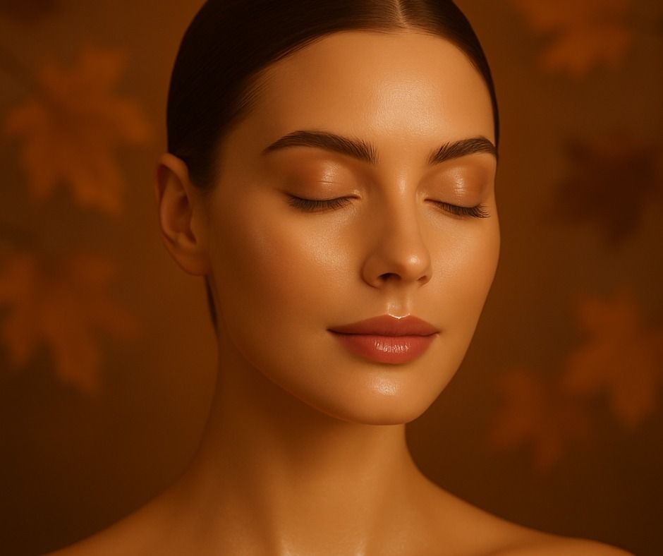 Woman with closed eyes, glowing skin, soft makeup. Brown background with blurred fall leaves.