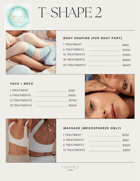 A T Shape 2 price list flyer featuring treatment areas, photos of procedures, and tiered pricing for body and face.